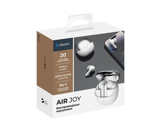  Беспроводные наушники с микрофоном Air Joy, TWS, BT 5.3, 250мАч, белый, Deppa, 44310 