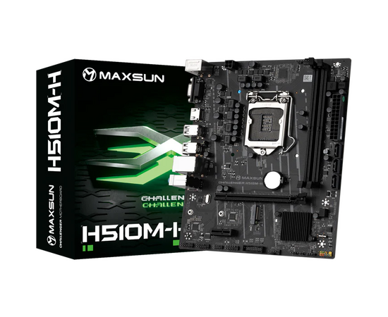  Материнская плата MaxSun Challenger H510M-H, Socket1200, Intel H510, 2xDDR4, PCI-Ex16, 3SATA3, 5.1-ch, GLAN, 4 USB 3.2, VGA, HDMI, mATX, Retail 