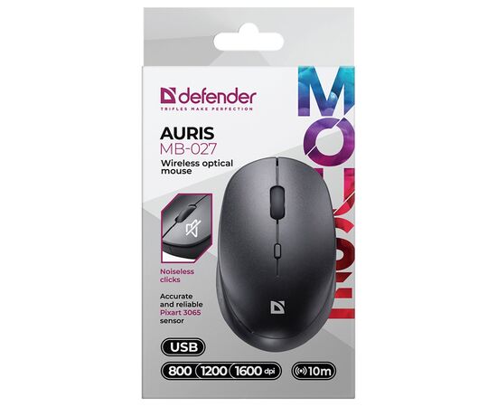  Мышь оптическая бесшумная, беспроводная Defender Auris MB-027  (grey) (220011) 