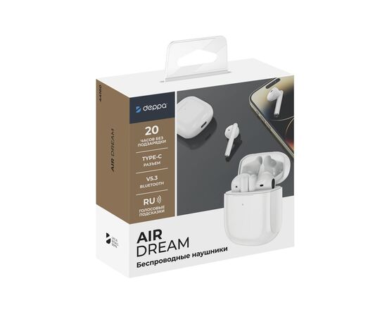  Беспроводные наушники с микрофоном Air Dream, TWS, BT 5.3, 300 мАч, белый, Deppa 2, 44160 