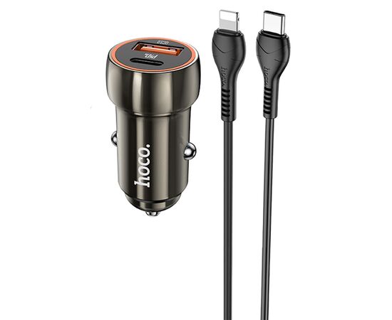  Автомобильное зарядное устройство HOCO Z46A Blue whale, 1xUSB + 1xUSB-C с Кабелем Type-C - Lightning, 3A, 18W, серый металлик 