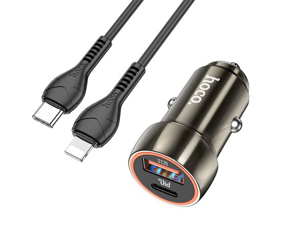  Автомобильное зарядное устройство HOCO Z46A Blue whale, 1xUSB + 1xUSB-C с Кабелем Type-C - Lightning, 3A, 18W, серый металлик 