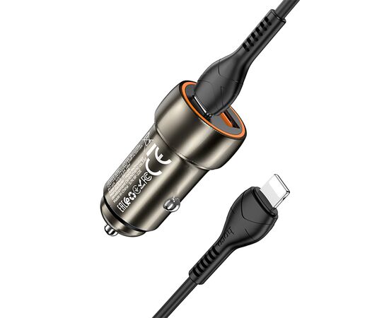  Автомобильное зарядное устройство HOCO Z46A Blue whale, 1xUSB + 1xUSB-C с Кабелем Type-C - Lightning, 3A, 18W, серый металлик 