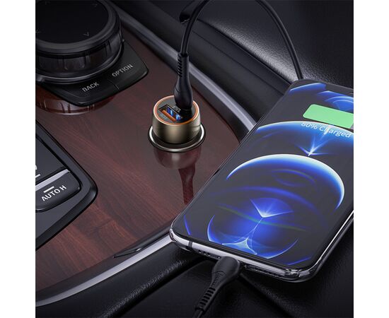  Автомобильное зарядное устройство HOCO Z46A Blue whale, 1xUSB + 1xUSB-C с Кабелем Type-C - Lightning, 3A, 18W, серый металлик 