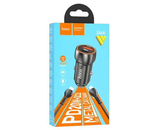  Автомобильное зарядное устройство HOCO Z46A Blue whale, 1xUSB + 1xUSB-C с Кабелем Type-C - Lightning, 3A, 18W, серый металлик 