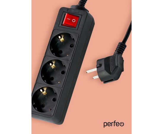  Сетевой удлинитель Perfeo  с кнопкой "POWERMATE", 3,0м, 3 розетки, черный (PF-PM-3/3,0-B) 