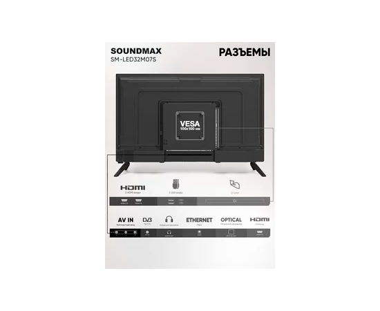  32" Телевизор Soundmax SM-LED32M07S черный 1366x768, HD, 60 Гц, Wi-Fi, Smart TV, Android TV 