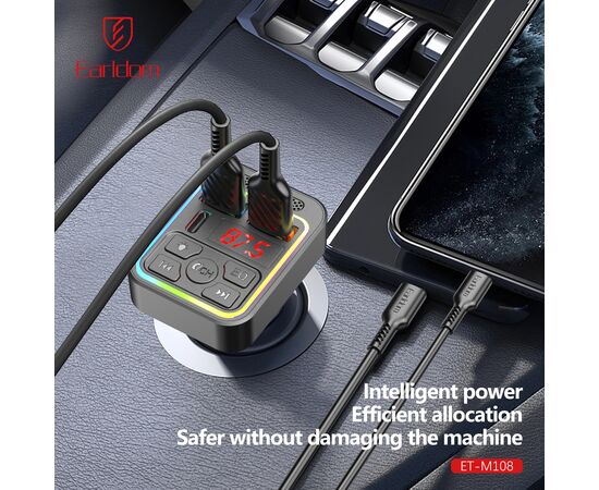  ФМ модулятор (2USB выхода + USB-C, Bluetooth) Earldom ET-M108,3.1A, с подсветкой 