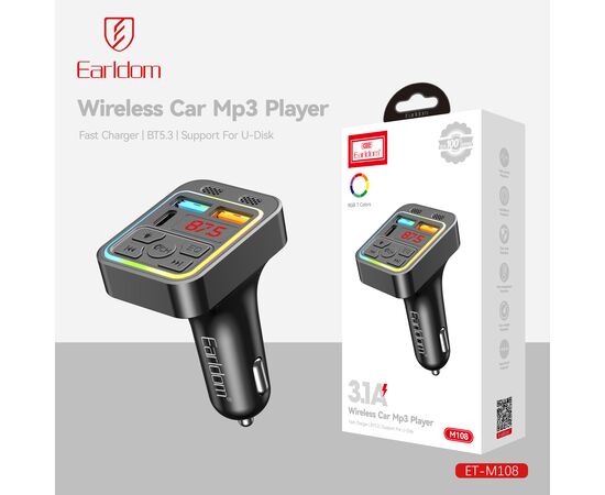 ФМ модулятор (2USB выхода + USB-C, Bluetooth) Earldom ET-M108,3.1A, с подсветкой 