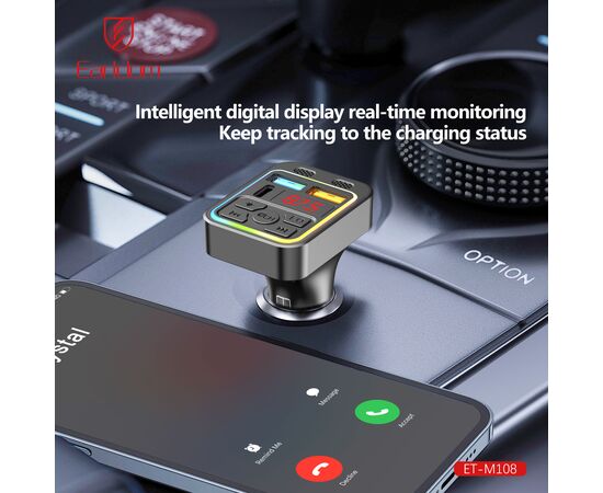  ФМ модулятор (2USB выхода + USB-C, Bluetooth) Earldom ET-M108,3.1A, с подсветкой 