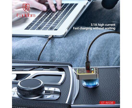  ФМ модулятор (2USB выхода + USB-C, Bluetooth) Earldom ET-M108,3.1A, с подсветкой 