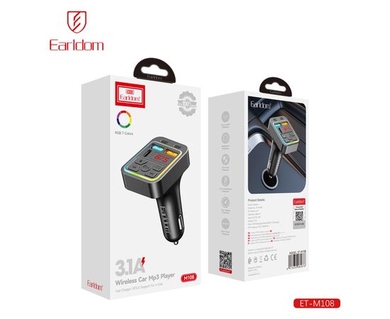  ФМ модулятор (2USB выхода + USB-C, Bluetooth) Earldom ET-M108,3.1A, с подсветкой 